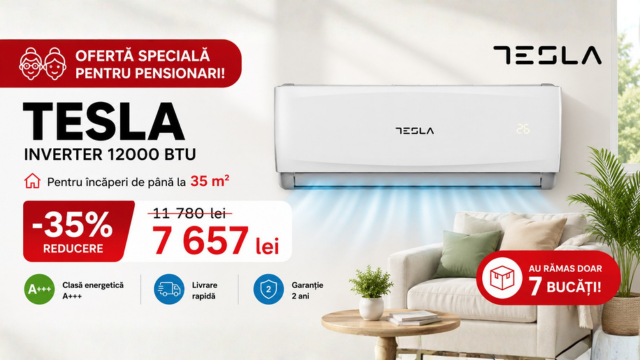 Aer condiționat TESLA Inverter 12000 BTU la doar 7 657 lei – ofertă specială pentru pensionari